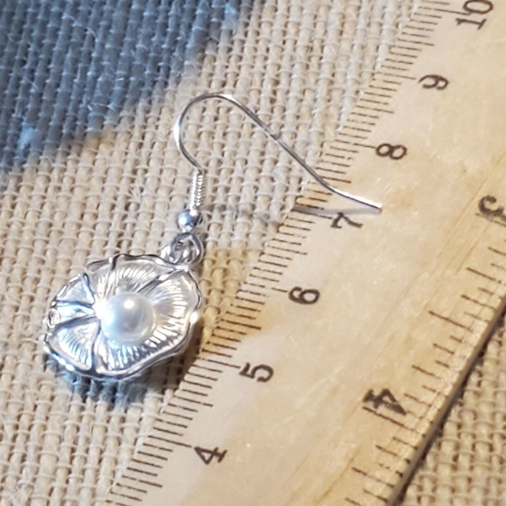Hand Crafted Silver Plated Lily Pad White Faux Cultured Pearl Dangle Earrings - Picture 10 of 10
